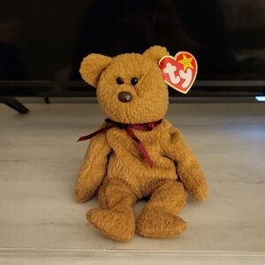 Ty Beanie Baby "Curly" Tan Plush Bear with Burgundy Bow